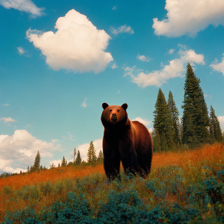 Brown bear in sunny meadow with green trees and fluffy clouds