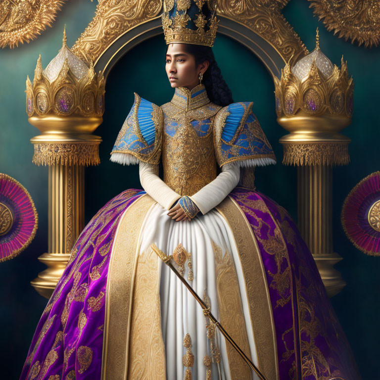 Regal person in gold and blue royal attire with scepter under opulent arch