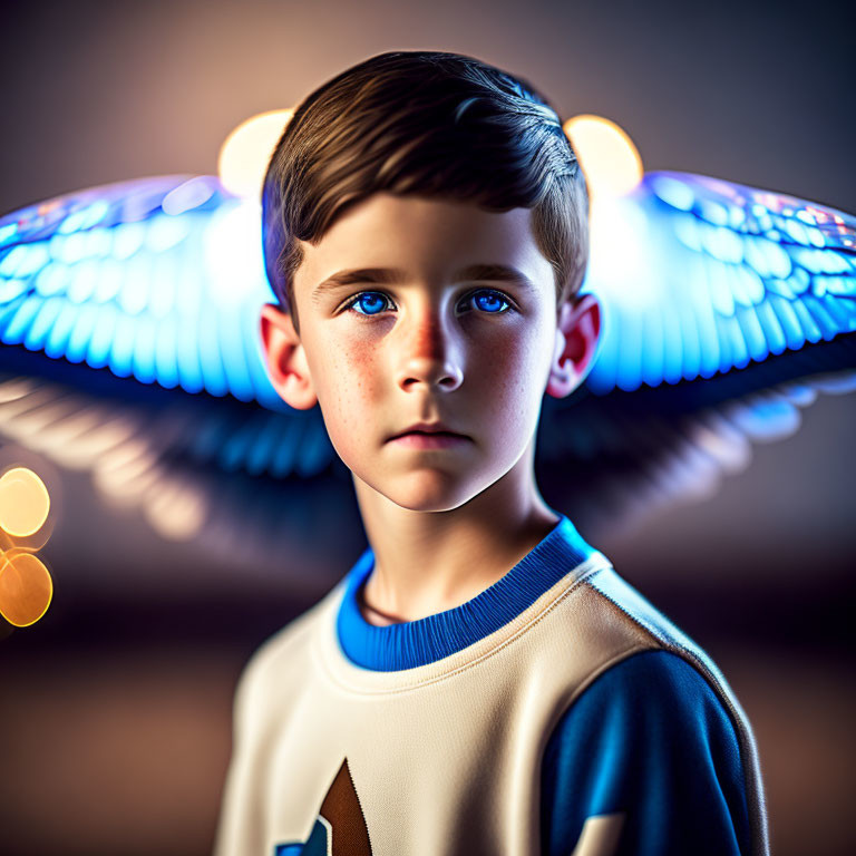 Young boy with bright blue eyes in white and blue shirt and butterfly-like wings.