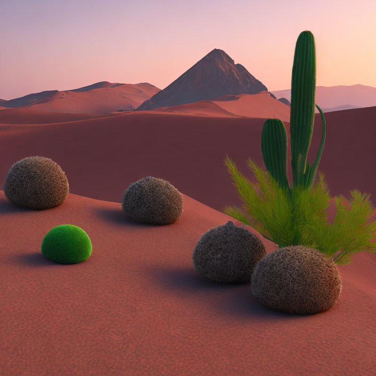 Twilight desert landscape with cactus, bushes, and mountain