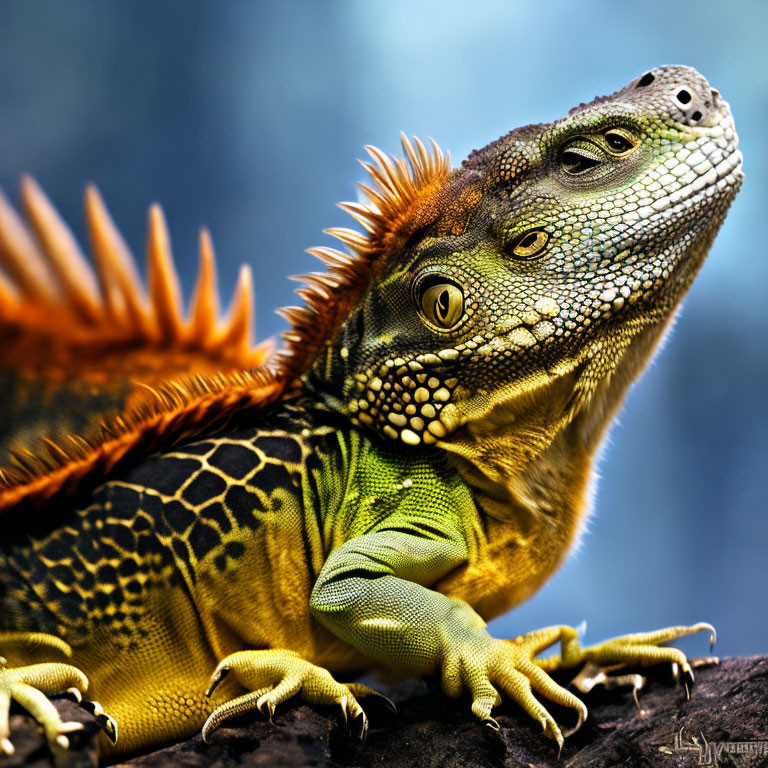 Colorful Iguana with Orange Spines and Green Scales on Branch