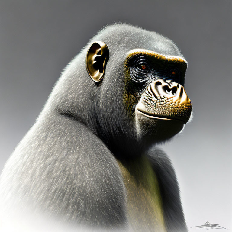 Detailed portrait of pensive gorilla with glossy black fur