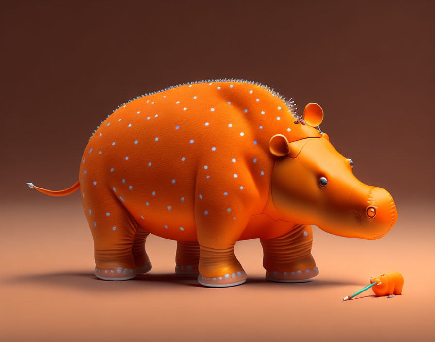 Inflatable orange hippo with white dots and tiny deflated version on brown background