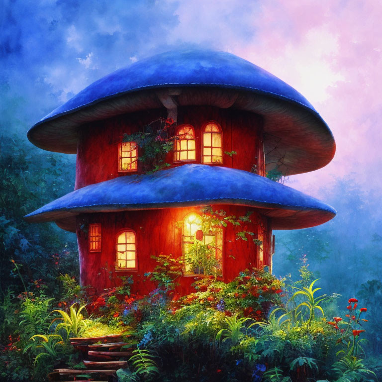 Vibrant red mushroom-shaped house in mystical forest setting
