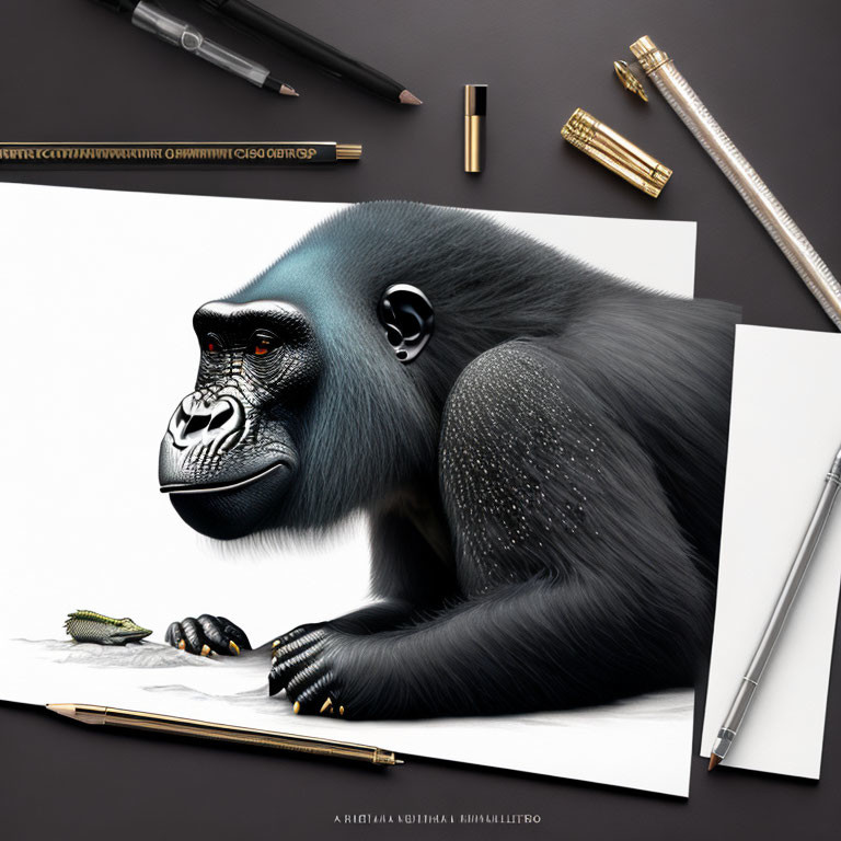 Realistic Drawing of Primate with Human-Like Hands and Drawing Equipment on Desk