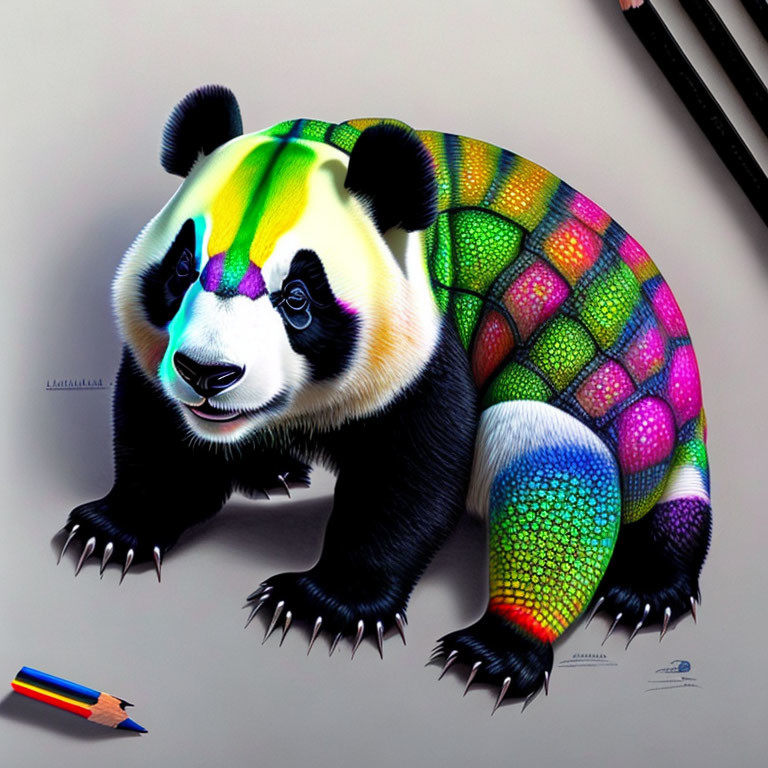 Colorful Panda Drawing with Geometric Pattern Beside Pencils
