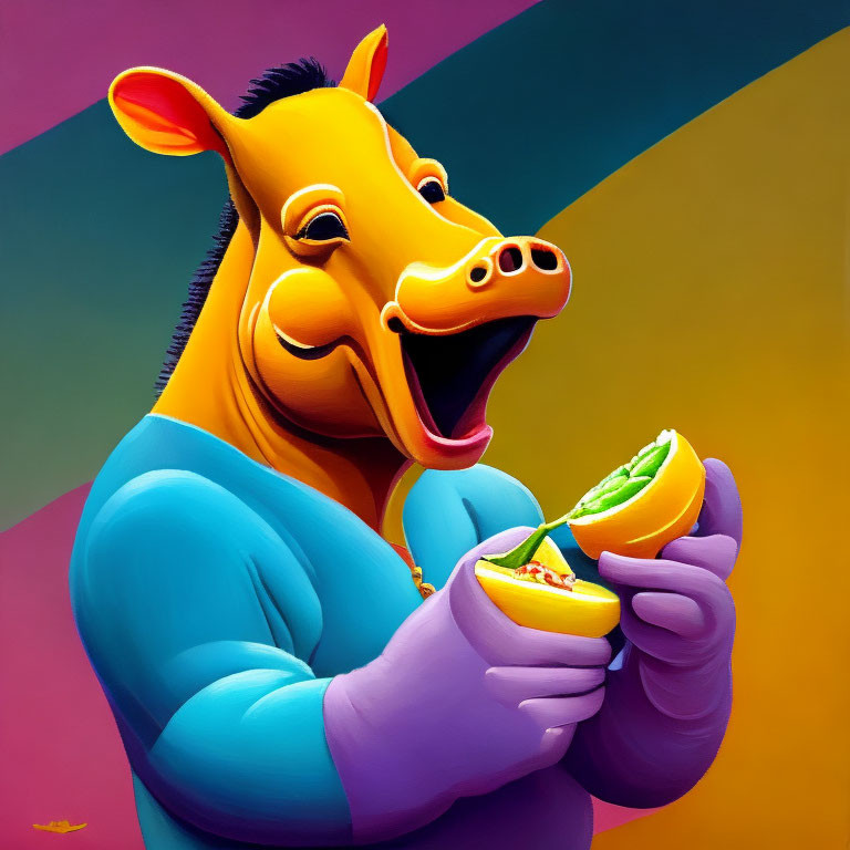 Yellow cow with blue shirt holding green fruit on colorful geometric background