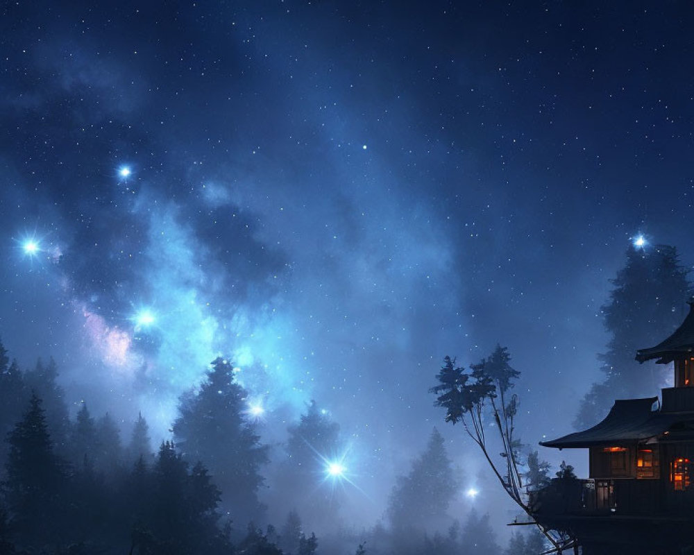 Starry night scene with silhouetted trees and traditional house