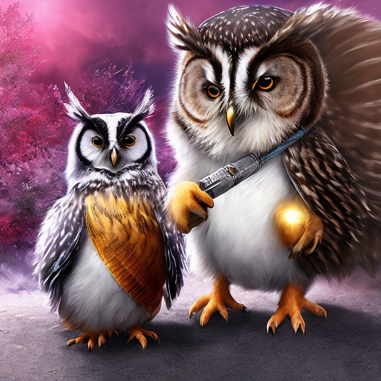 Illustrated Owls with Wand in Mystical Setting
