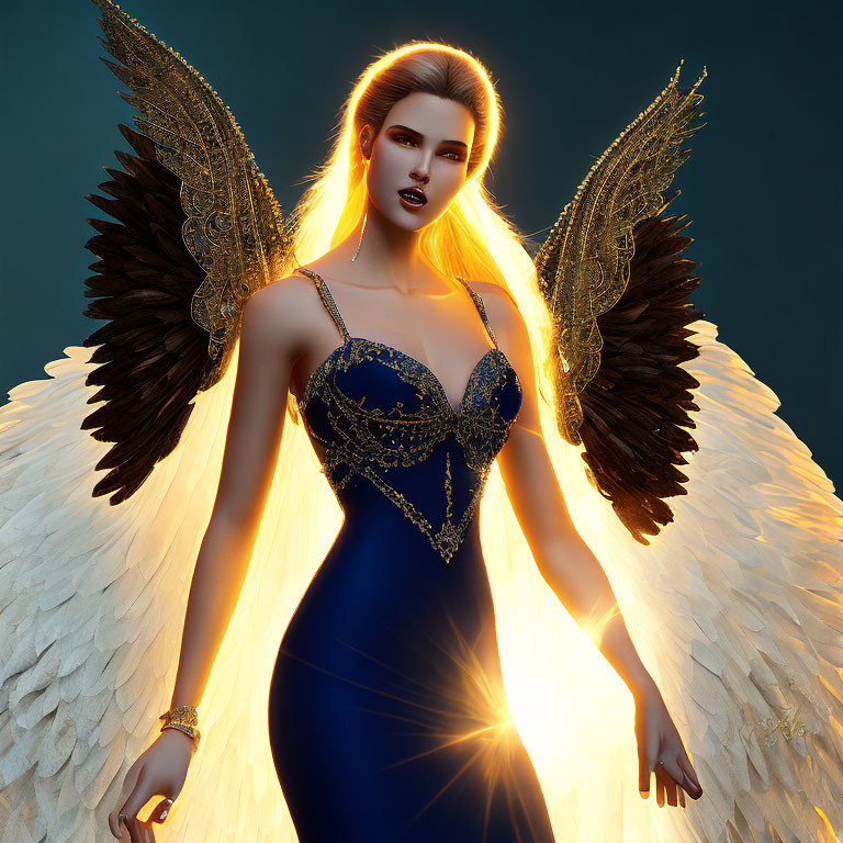 Digital artwork of a woman with angelic wings and glowing aura, dark and white feathers, blue dress