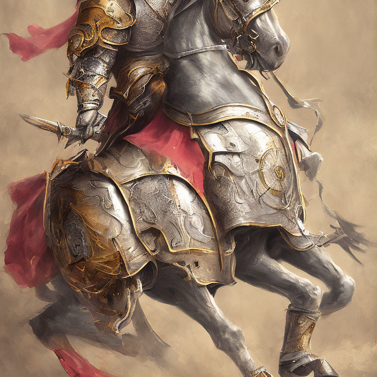 Armored medieval knight on horseback with red cape and short sword.