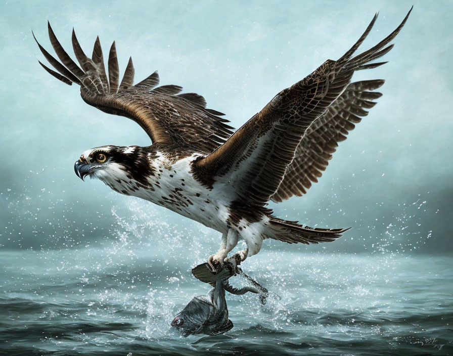 Osprey flying with fish over water, wings spread.