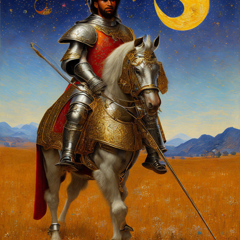 Knight in ornate armor on white horse under starry sky crescent moon