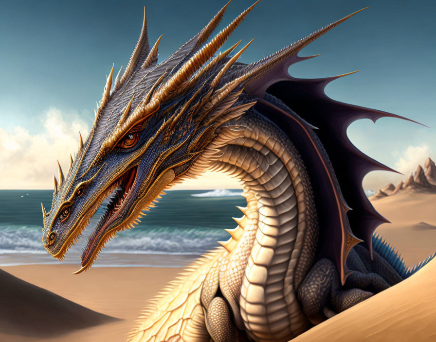 Golden dragon with horns and orange eyes on sandy beach, wings unfurled