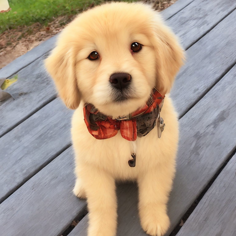 Golden retriever puppy with red bandana and bell on collar sitting on wooden surface