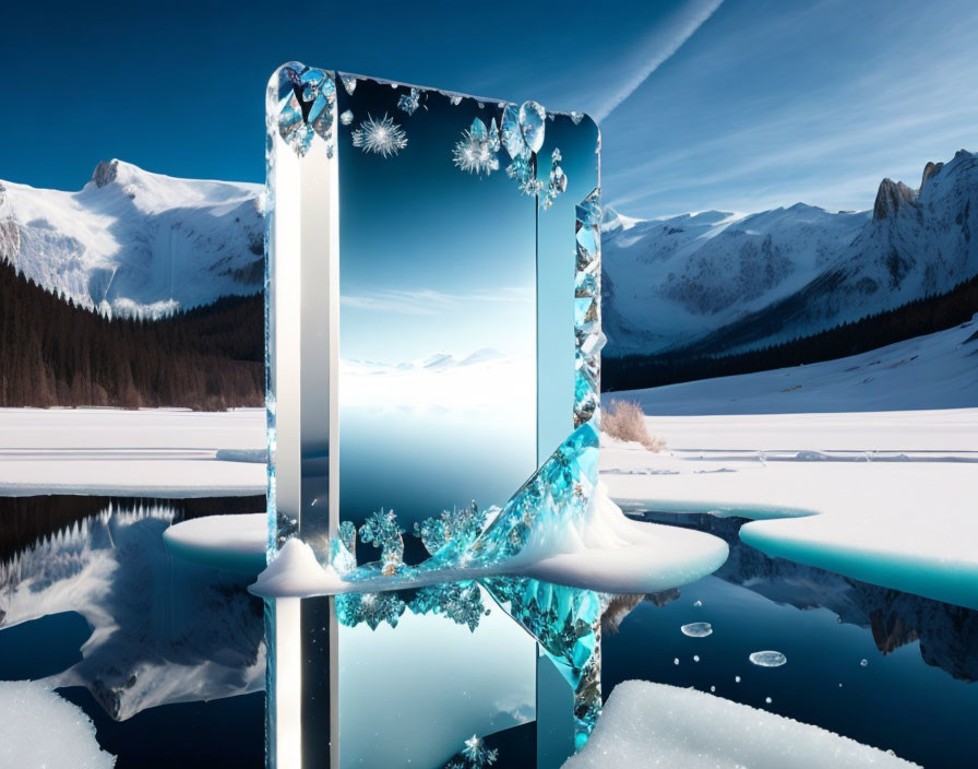 Surreal mirror portal with ice crystals overlooking snowy mountain landscape