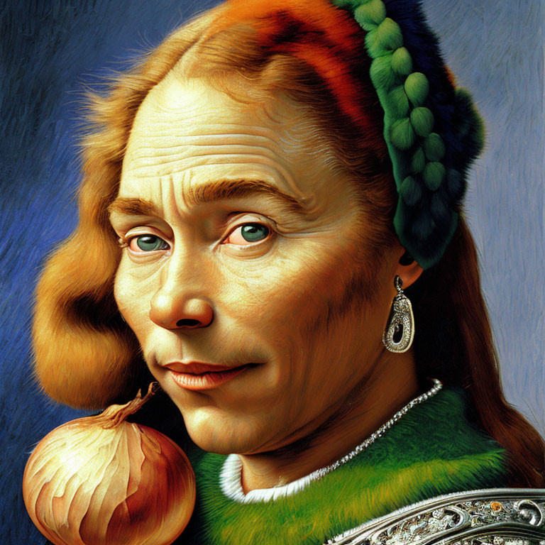 Person's Face Blended with Onion Features: Whimsical Portrait with Onion Hair and Earring