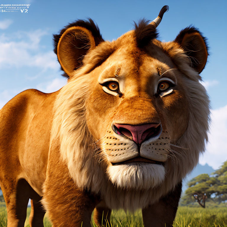 Detailed 3D Lion Render with Human-Like Eyes on Blue Sky