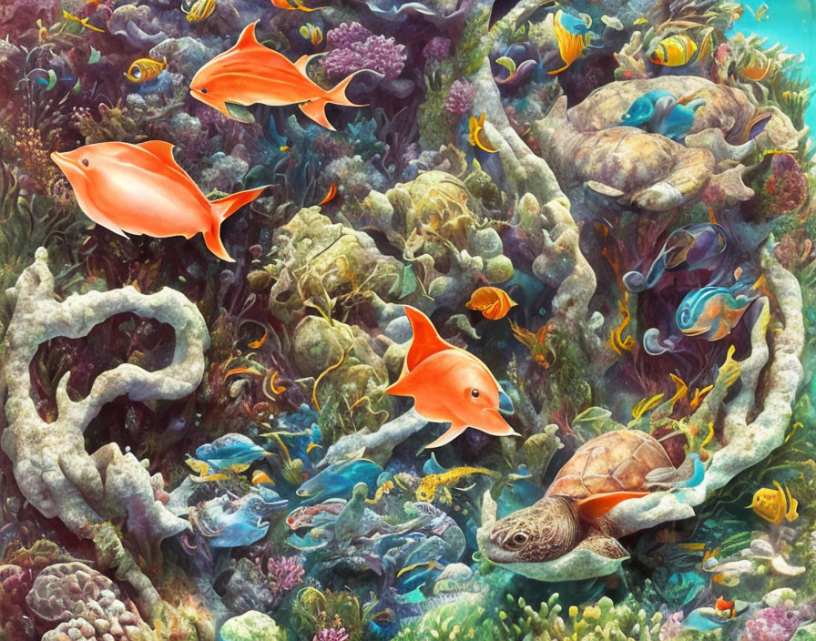 Colorful Underwater Scene with Sea Turtle, Fish, and Coral Reef