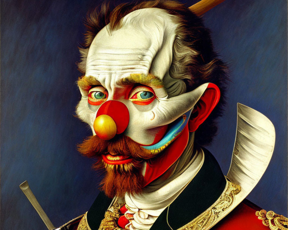 Detailed surreal painting of person in clown makeup with red nose and colorful face paint, wearing military jacket.