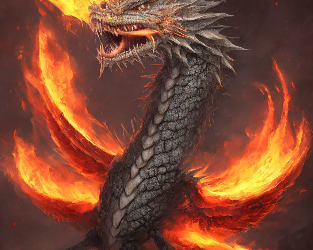 Majestic dragon with scales and fiery wings in roaring flames