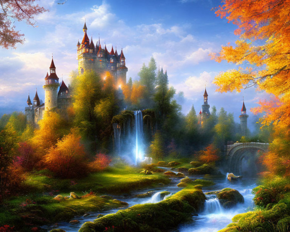 Majestic fairy tale castle in autumn forest with waterfalls