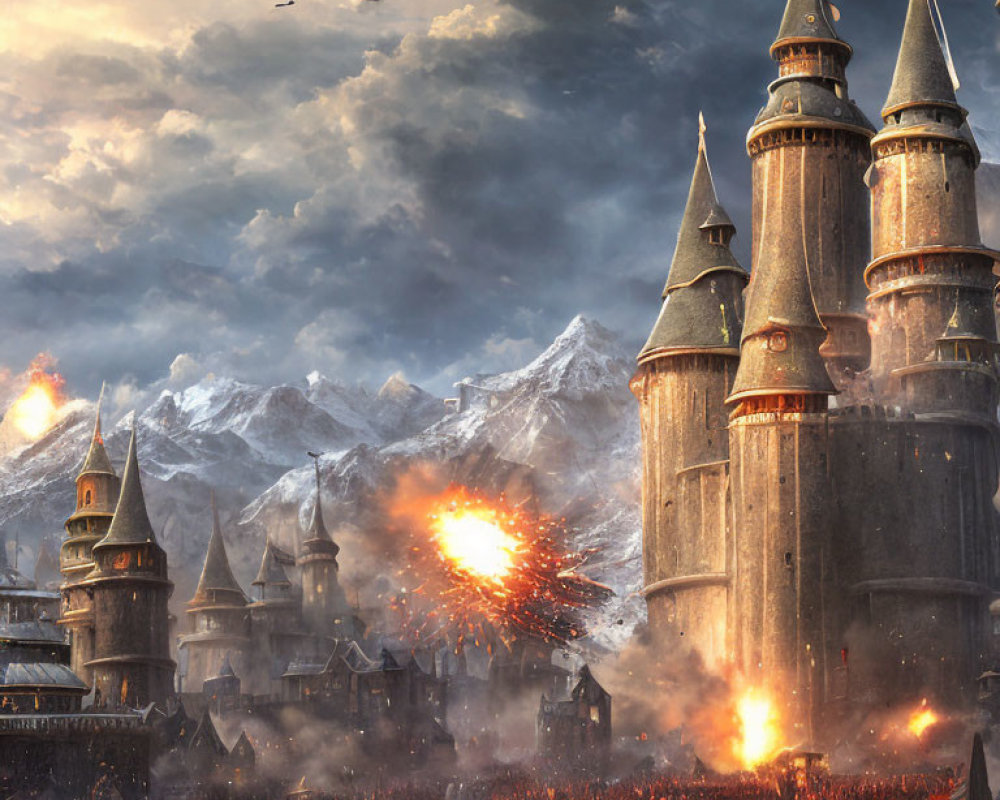 Fantasy castle siege with fiery explosions in snowy mountain setting