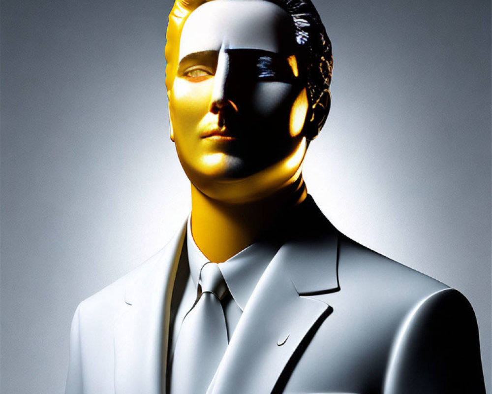 Male figure with half-human, half-golden robotic face in gray suit on gradient background