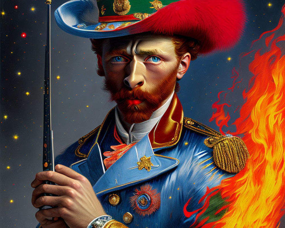 Illustrated portrait of man in military uniform with cosmic elements and flame