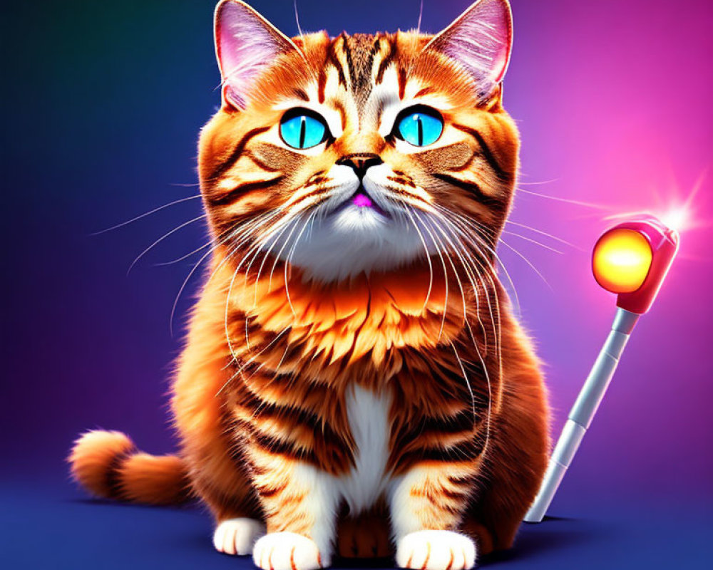 Colorful Cat with Blue Eyes and Magical Wand on Gradient Background