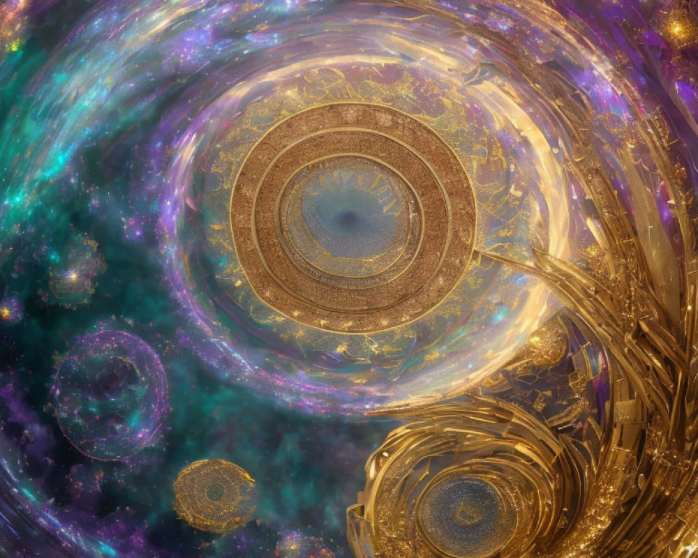 Swirling galaxies and celestial bodies in a cosmic scene