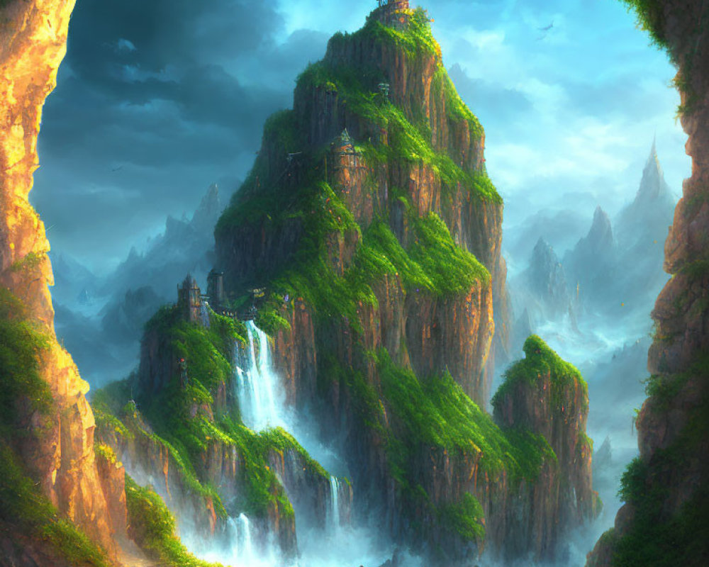 Majestic fantasy landscape with towering mountain, waterfalls, castle, mist, and rugged peaks