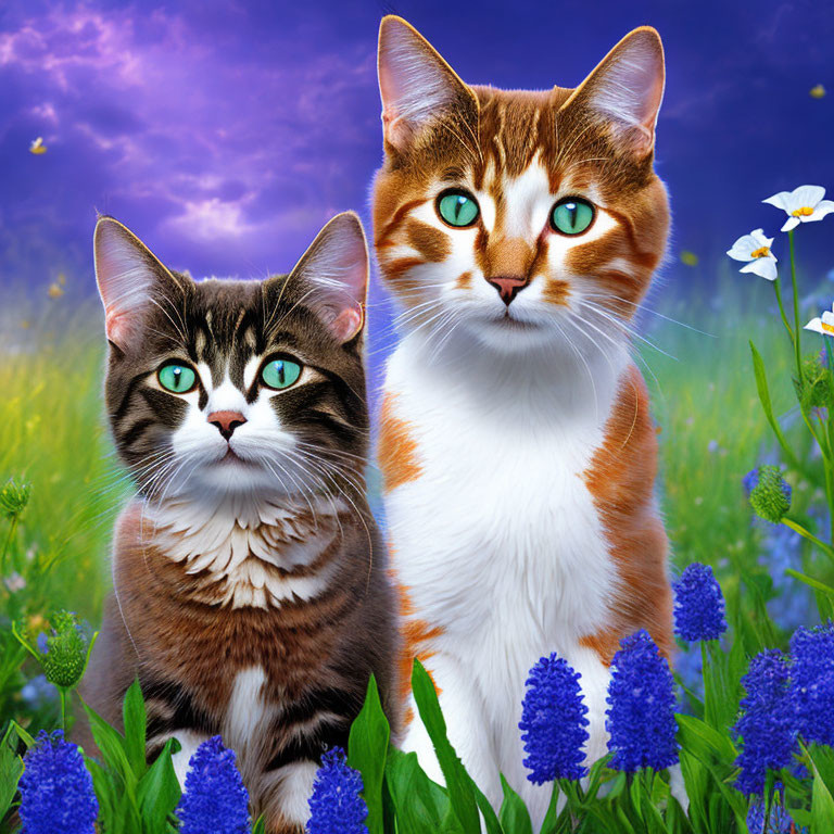 Two cats with green eyes in flower garden under purple sky