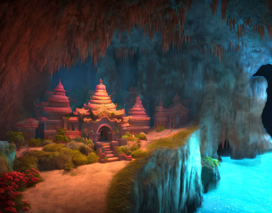 Mystical cave with blue waterfalls, ancient temples, lush vegetation, and stalactites