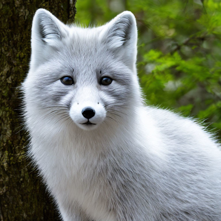 Fluffy White Fox with Blue Eyes Peering from Tree in Forest