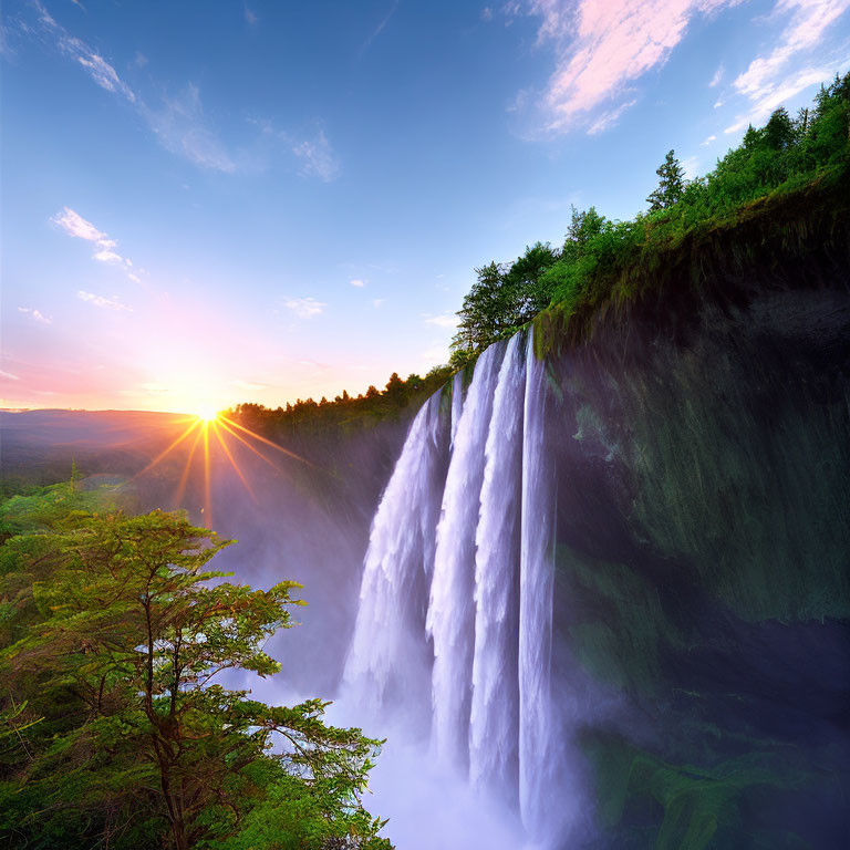 Sunrise waterfall cascading over lush cliff with sunbeams and verdant foliage