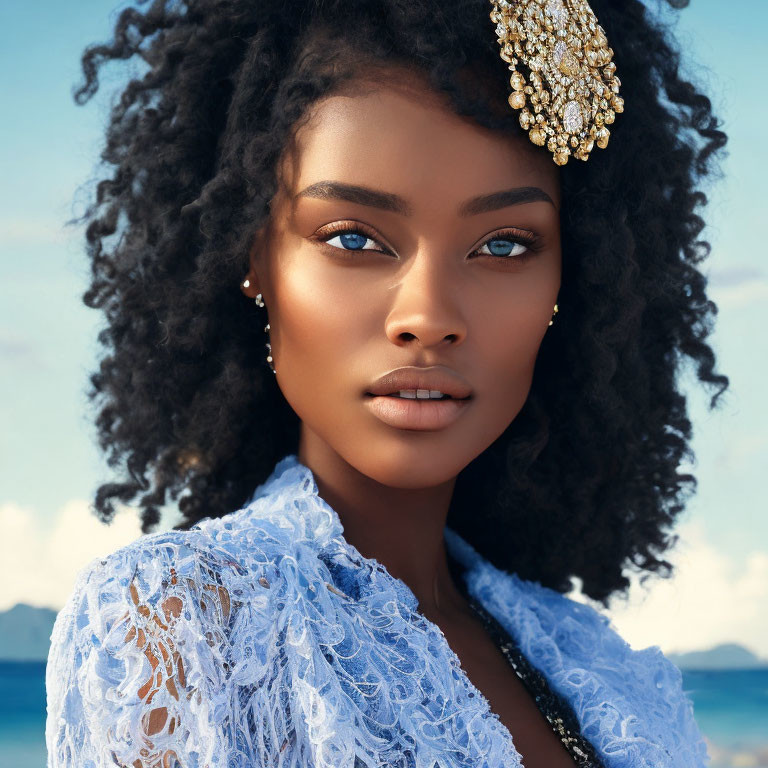 Curly Black-Haired Woman in Gold Headpiece and Blue Lace Top on Beach