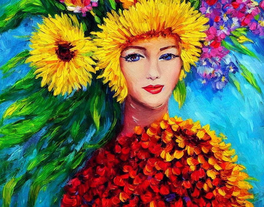 Colorful painting of woman in floral hat and garment with bold strokes