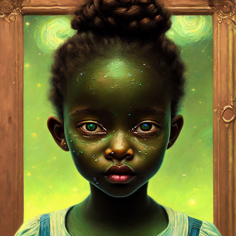 Digital painting of young girl with green eyes and water droplets on wooden background