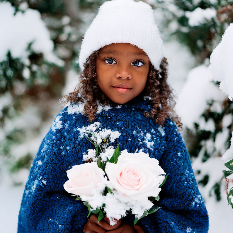 Child in Blue Sweater Holding Snow-Covered Roses in Snowy Scene