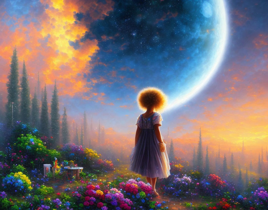 Girl standing in vibrant flower field under surreal sky with crescent moon and stars.