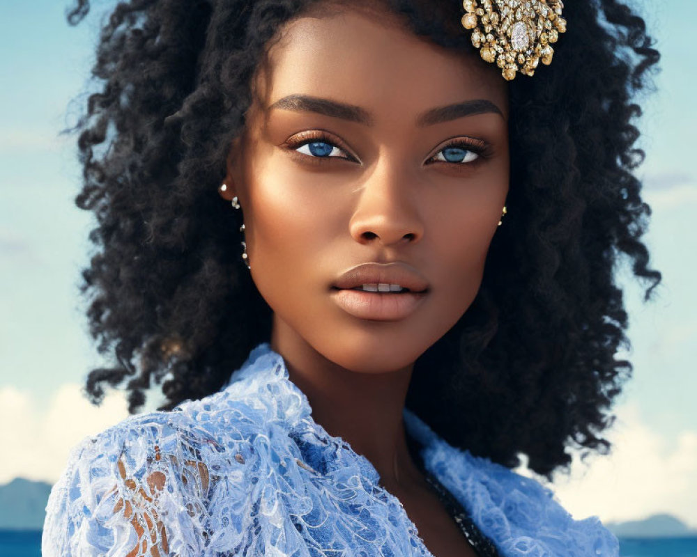 Curly Black-Haired Woman in Gold Headpiece and Blue Lace Top on Beach