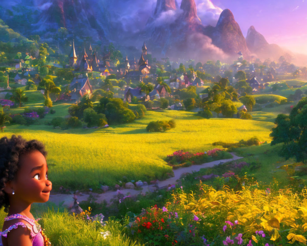Curly-haired girl admires fantasy landscape with meadow, village houses, and mountains.
