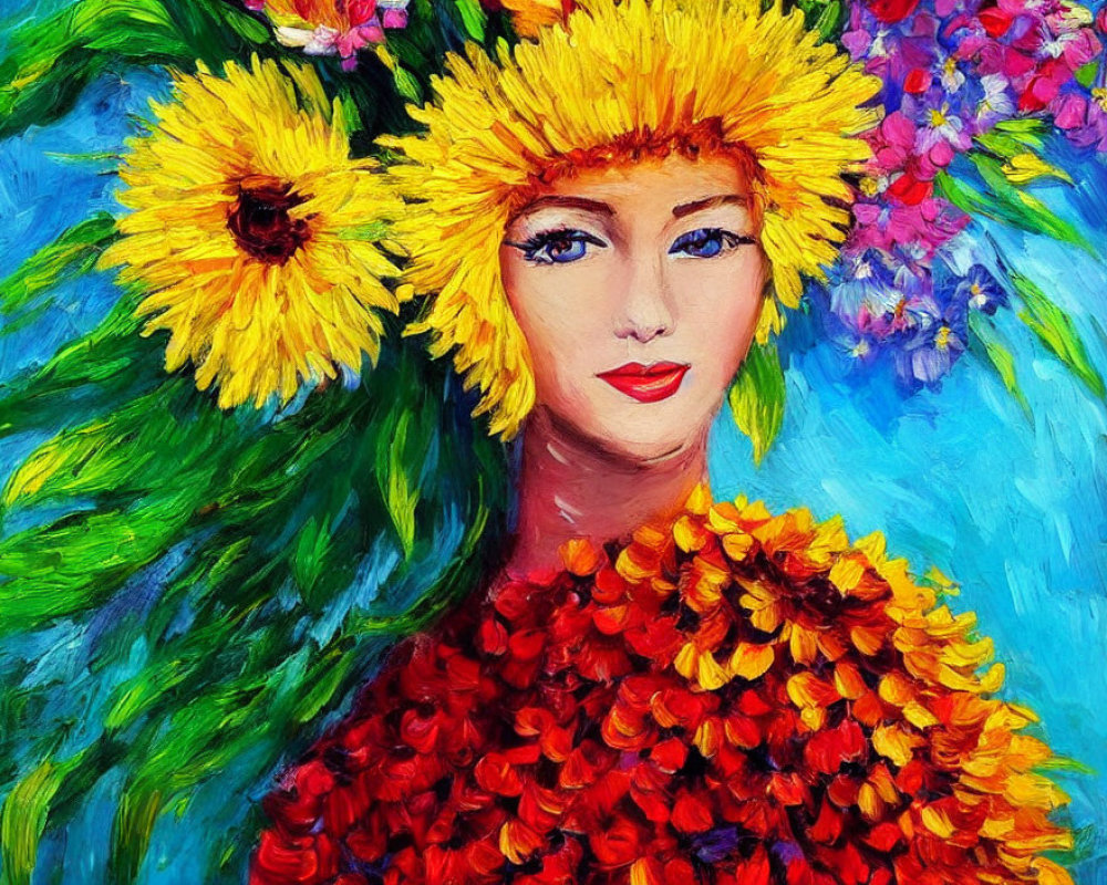 Colorful painting of woman in floral hat and garment with bold strokes