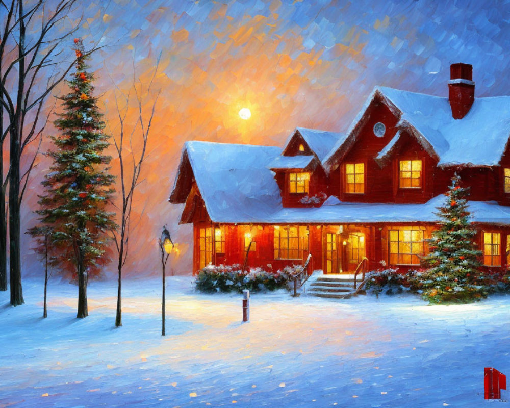 Snow-covered house with glowing windows in twilight scene