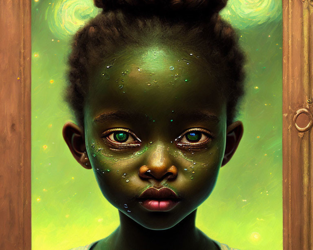 Digital painting of young girl with green eyes and water droplets on wooden background