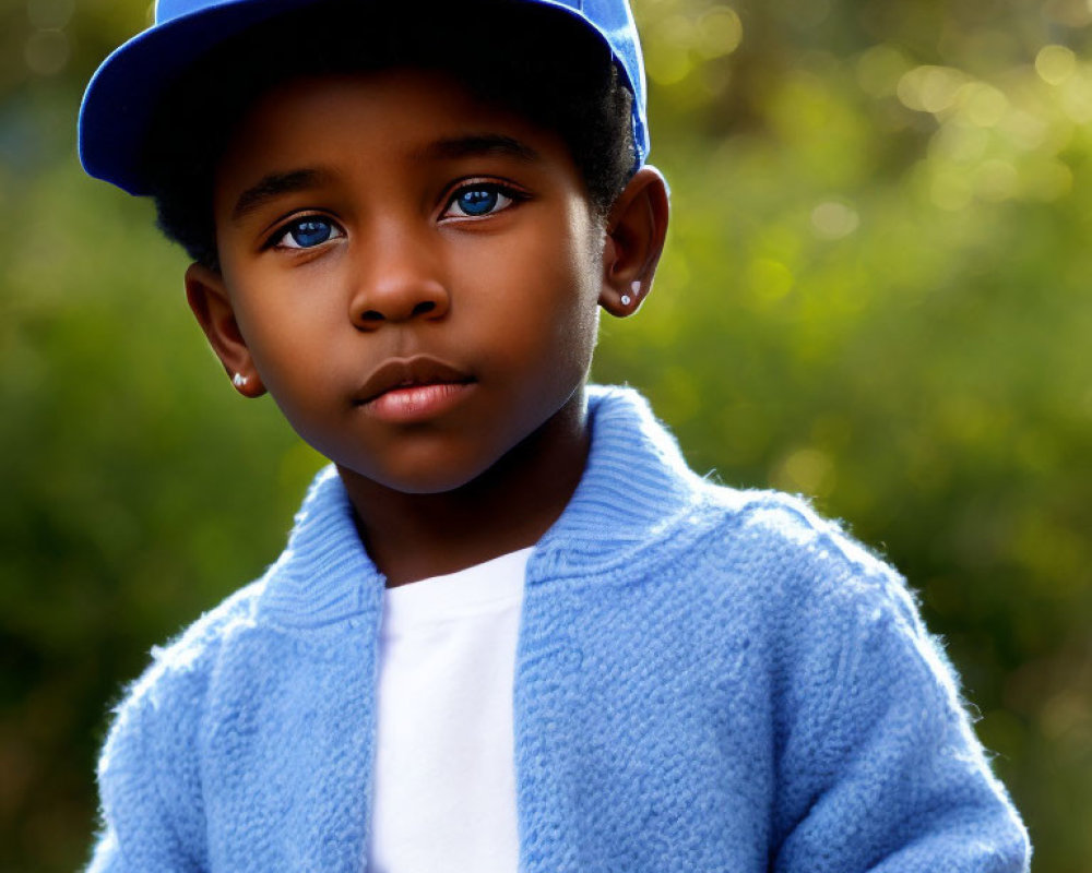 Child with ear piercings in blue cap and sweater gazing into the distance