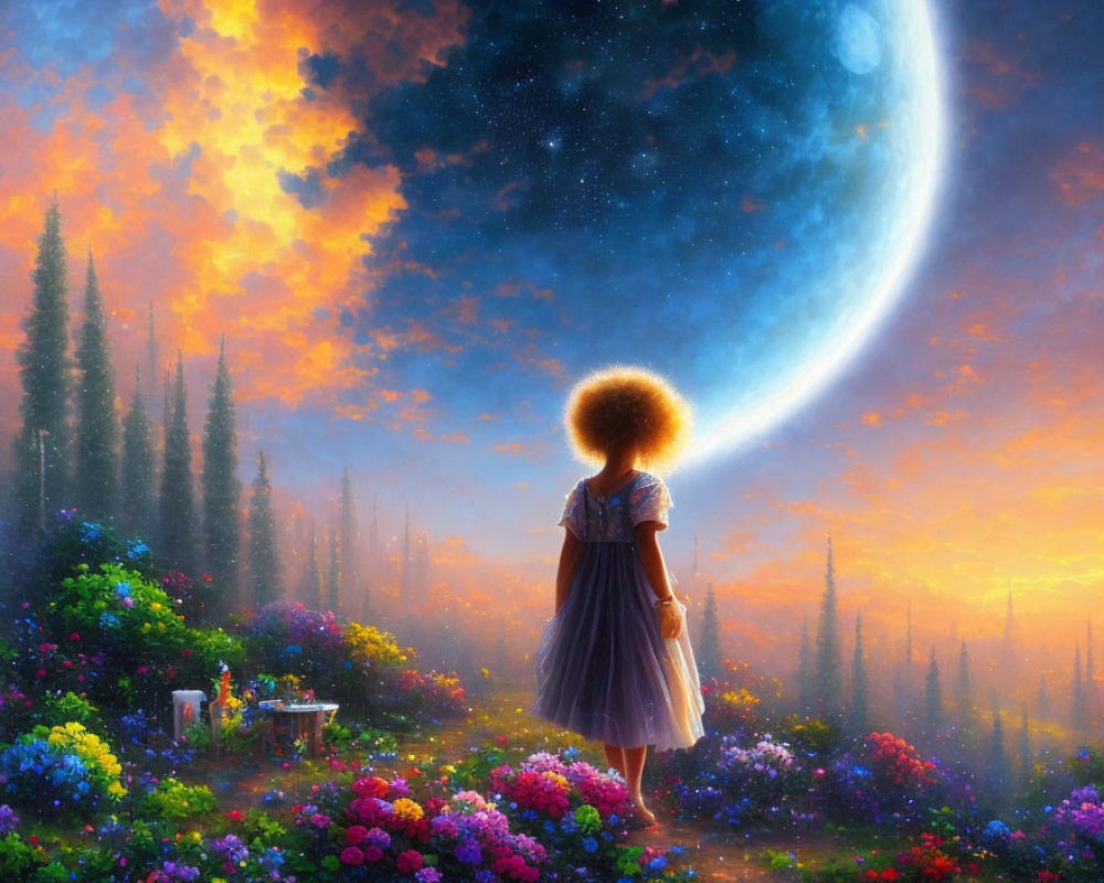 Girl standing in vibrant flower field under surreal sky with crescent moon and stars.