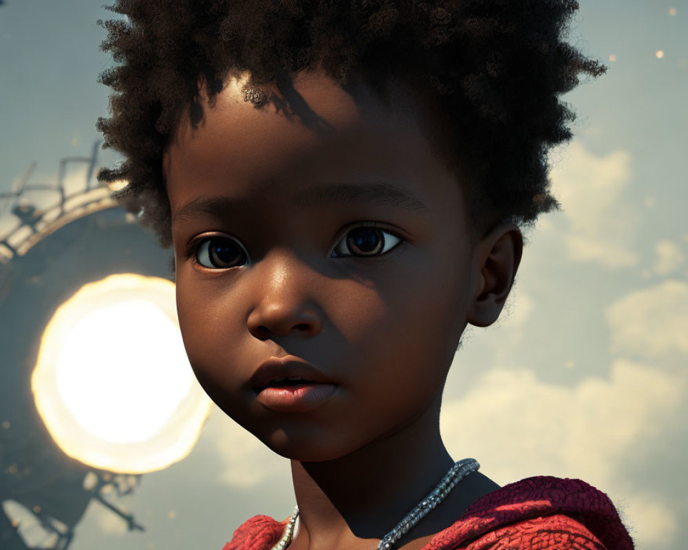 Digital artwork of dark-skinned girl with afro hair in red top, set against sun-like sphere