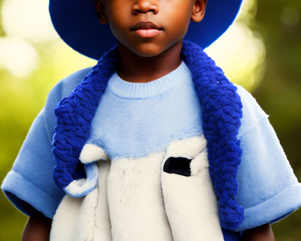 Child with Striking Eyes in Blue Hat and Sweater with White and Blue Vest